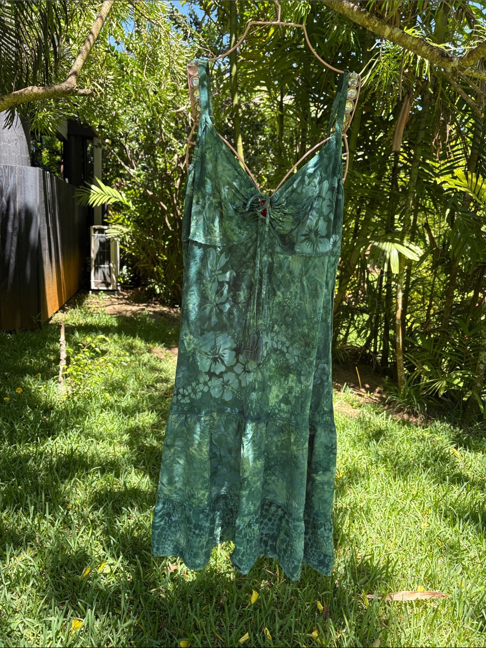 Green Floral V-Neck Slip Dress with Adjustable Tie Straps. Local and very popula